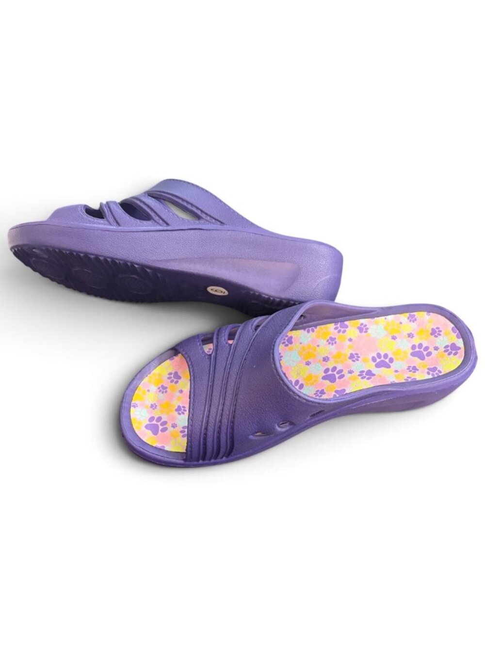 Jomix Purple EVA Wedge Mule Sandals Colorful Paw Print Footbed Women's 6 NWOB